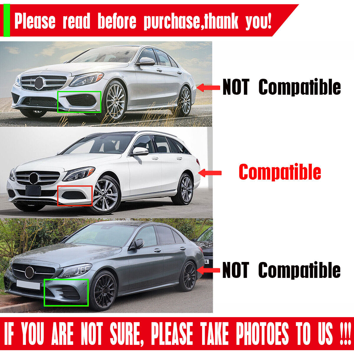 A pair of front lower bumper grille fog light covers are suitable for the for Mercedes-Benz W205 2015-2018.
