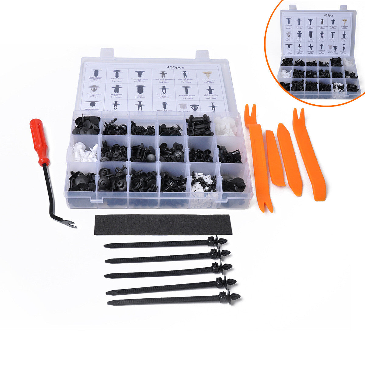 435-piece boxed set including clips, door nail knife, and removal tools for Jeep door panel linings. n