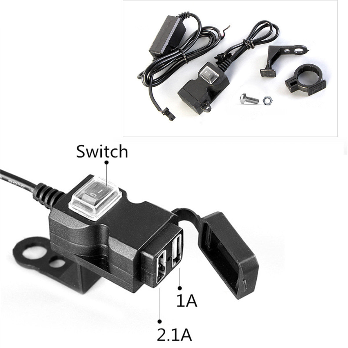 Waterproof 3.1A Motorcycle Handlebar Dual USB for Charger Socket w/ Switch  Mounts Q