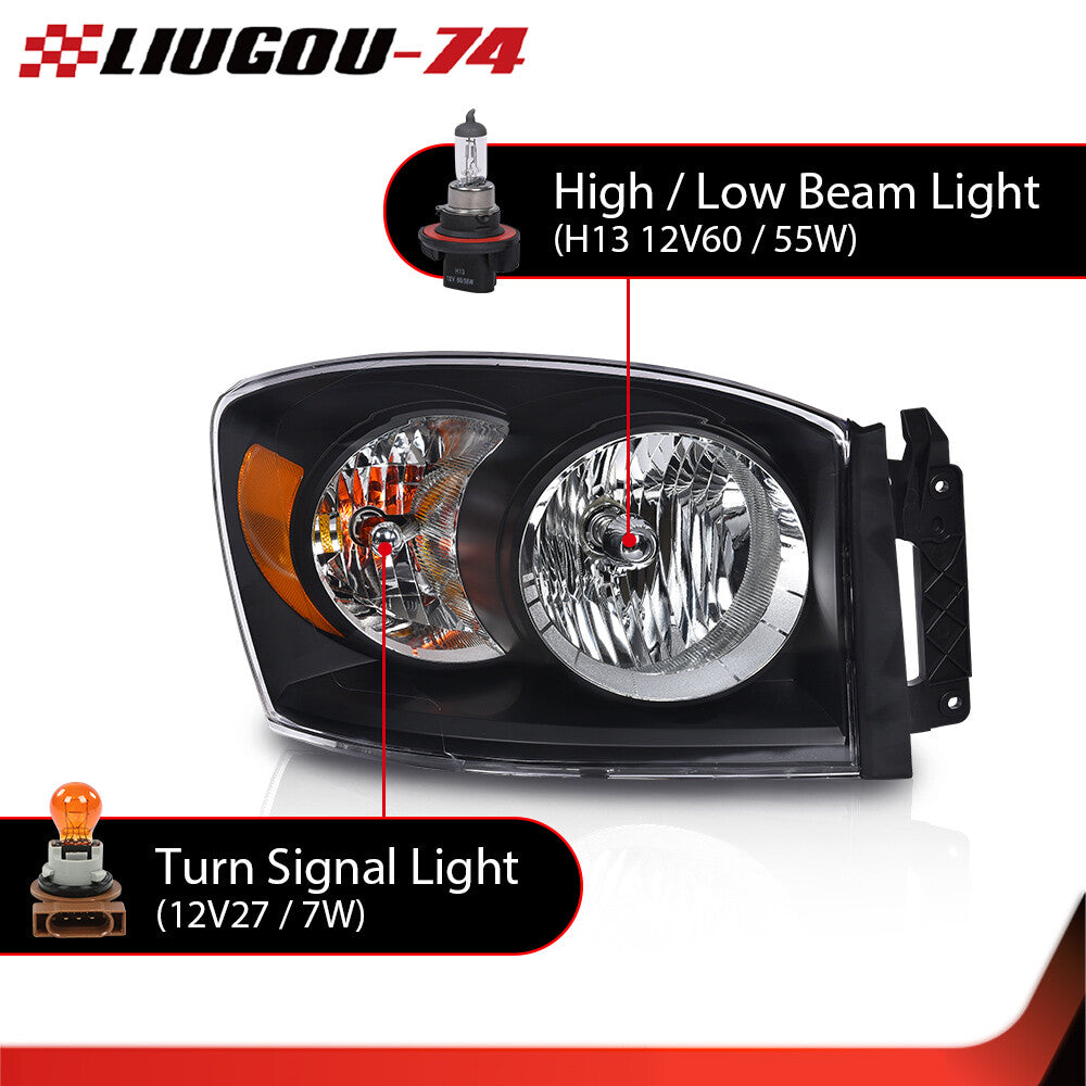 Fits 2006 07-09 for Dodge for Ram 1500 2500 3500 Black/Amber Headlight Headlamp Kit - v