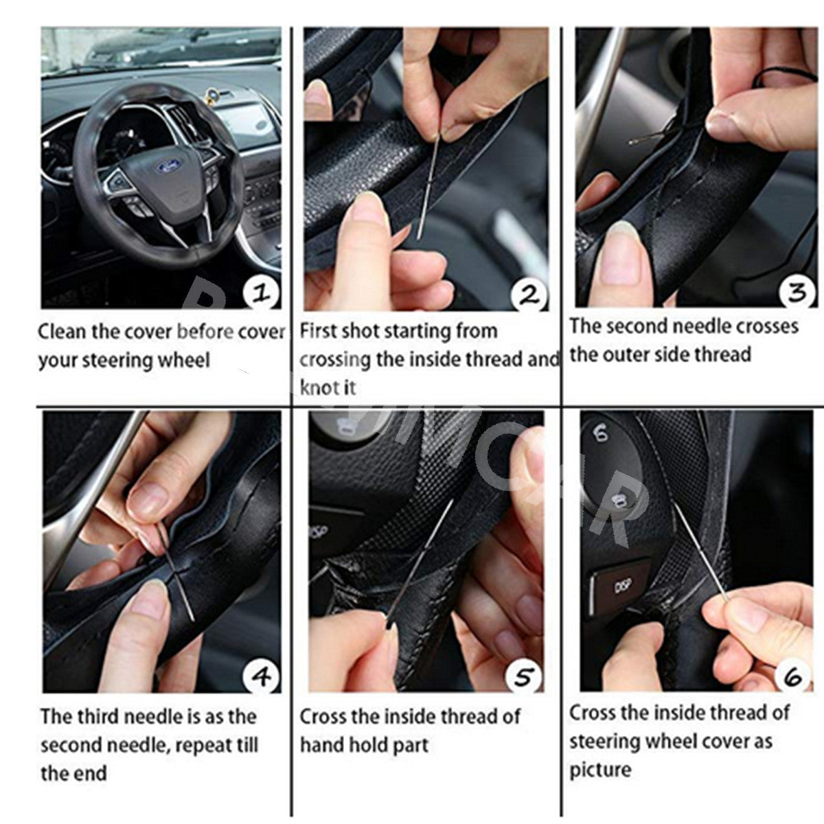 DIY Car Steering Wheel Cover Stitch PU Leather Needle Thread Anti-slip Black