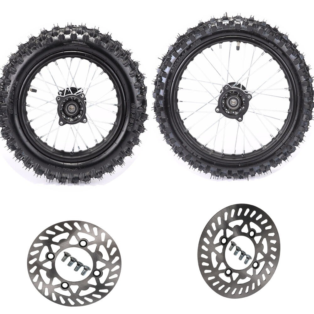 14-inch and 12-inch wheels, 60/100-14 and 80/100-12 tires and rim kits for the XR70 SSR 125cc/110cc pit bike.