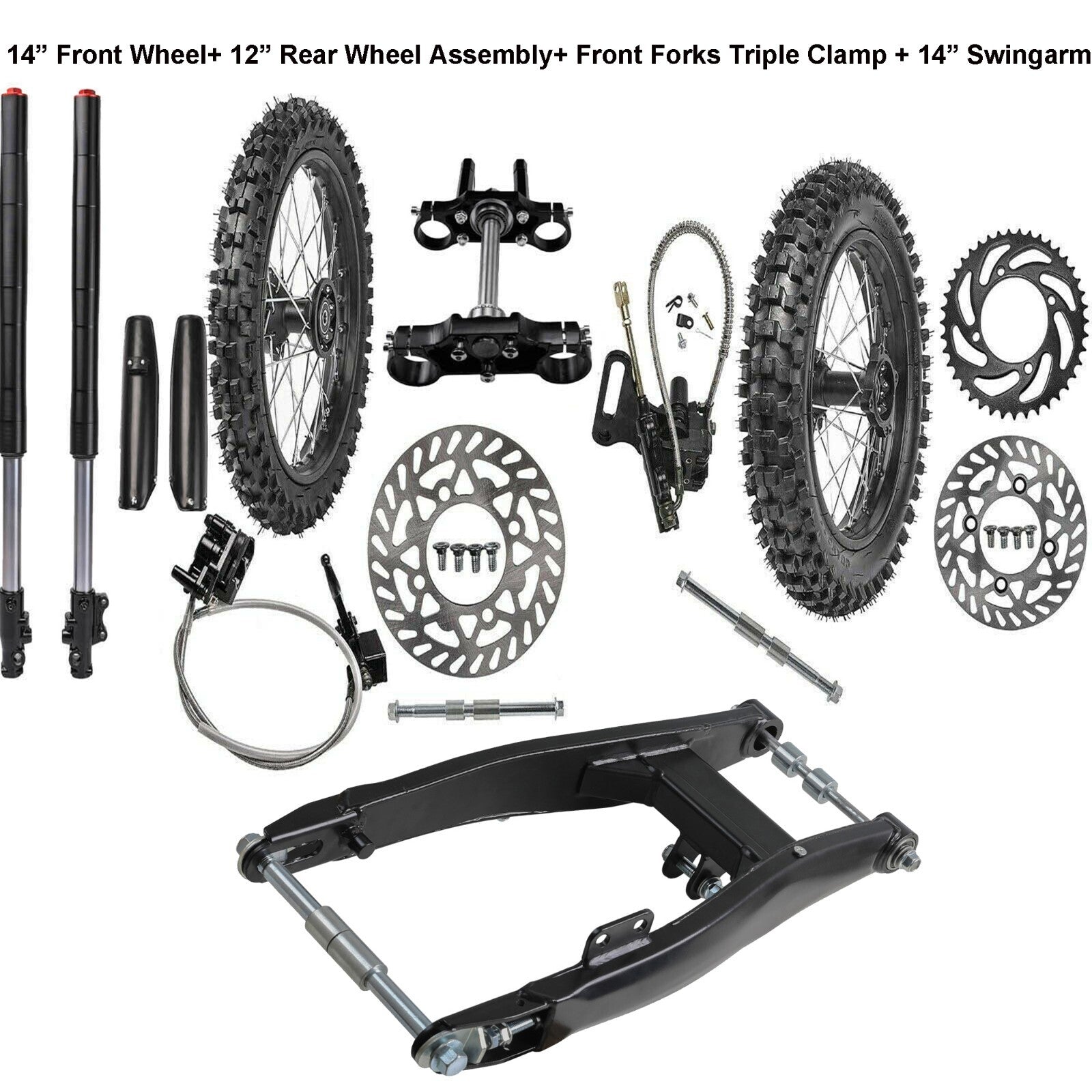 14-inch and 12-inch wheels, 60/100-14 tires, front fork, swingarm kit, cooler, 125 XR70 KLX110
