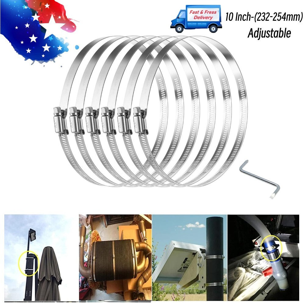 6-Piece Adjustable Hose Clamp 10-inch Worm Gear Stainless Steel Jacket