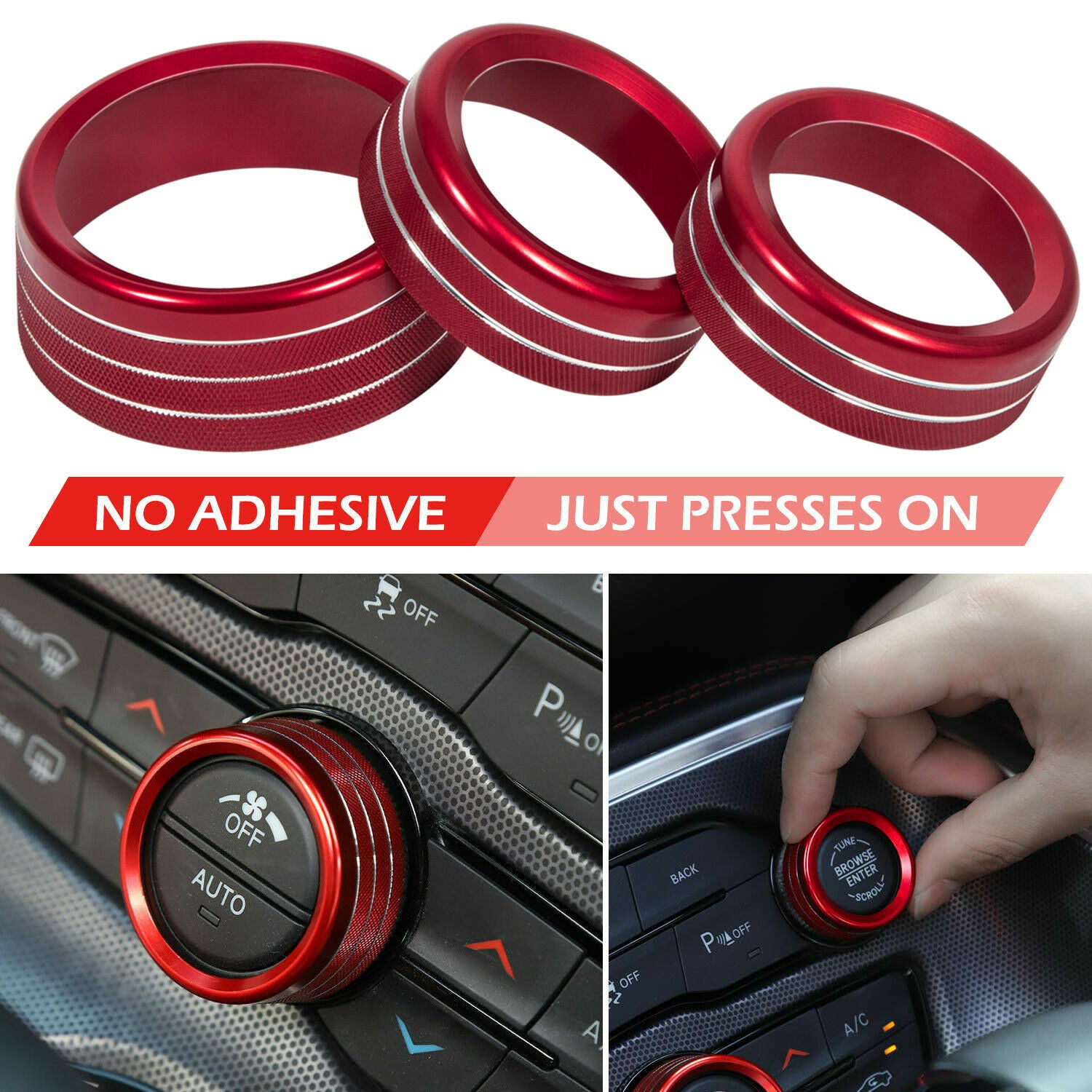 3pcs RED AC Radio Switch Trim Ring Knob Cover for Dodge for Challenger /Charger 15-20