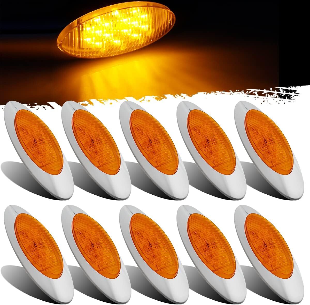 10x 6.5 Amber 16 LED Oval Side Marker Light Chrome Bezel for Peterbilt Cab Trailer