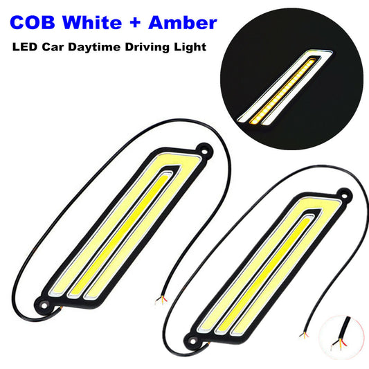 A pair of U-shaped COB white + amber LED daytime running lights (DRL) for cars, 12V. n