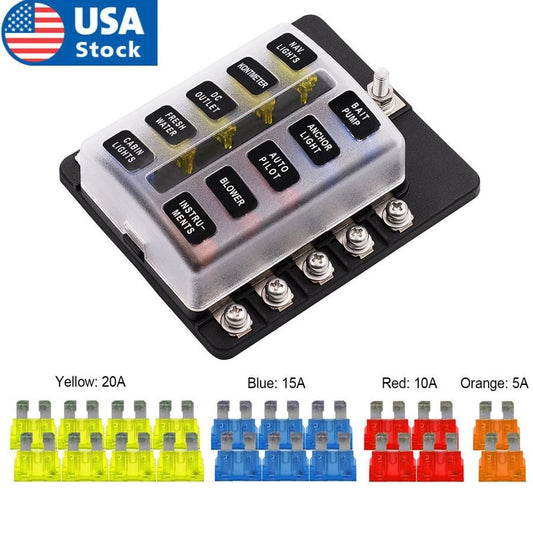 Car 10-Way Blade Fuse Box Block Holder Indicator w/ Fuses For 12V 24V Car