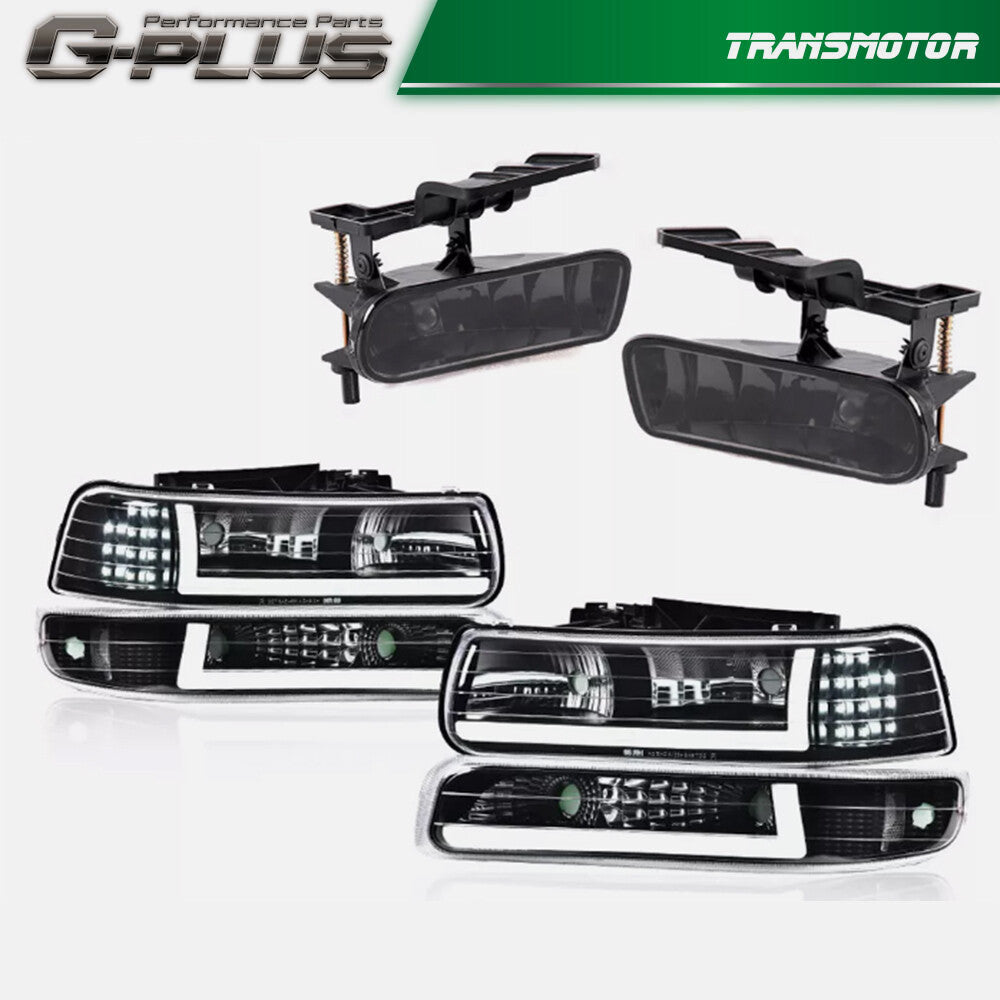 Clear/Black LED Tube DRL Headlights and Fog Lights for 99-06 Silverado/Suburban- v
