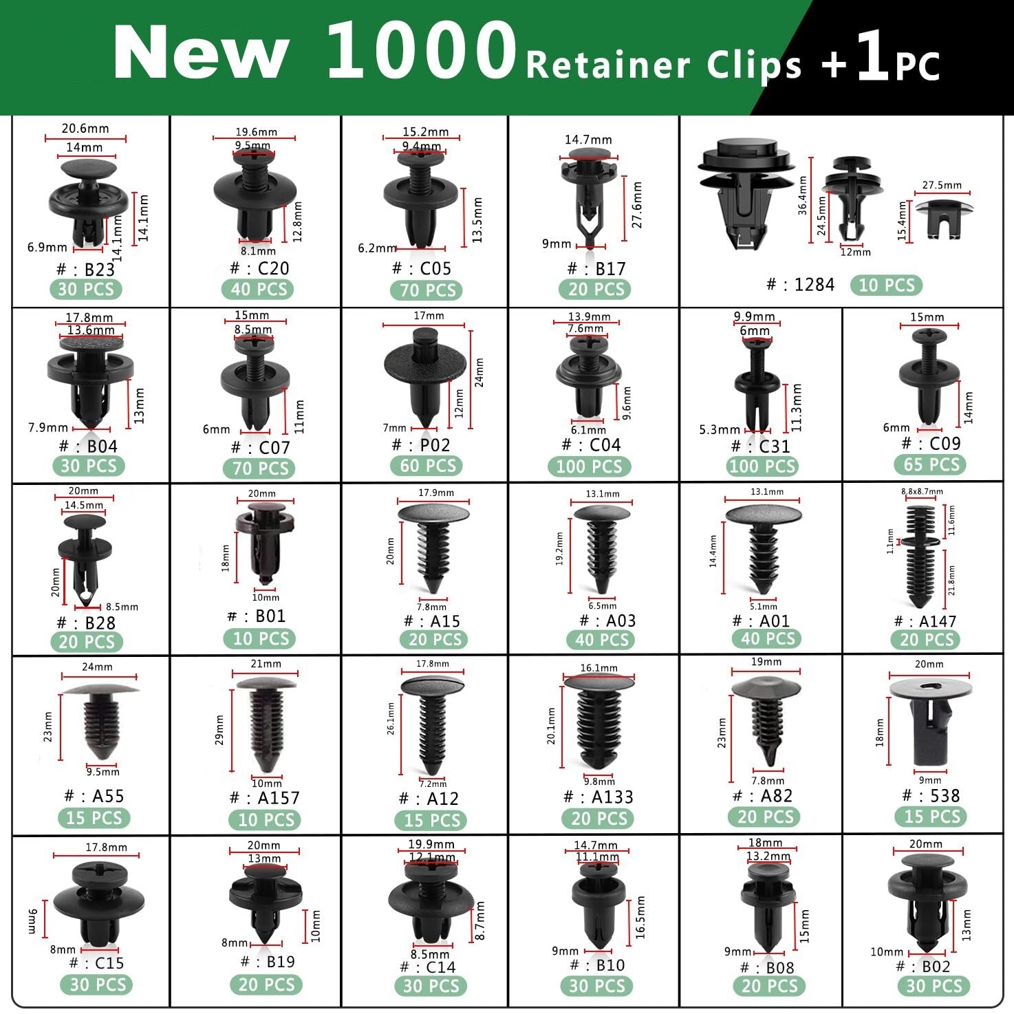 1000-piece pack of car bumper clips, fixing clips, plastic rivets, push pins, categorized for Christmas