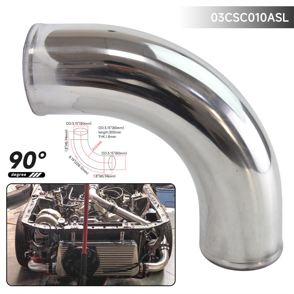 90 Degree 80mm 3.15 Aluminum Intercooler Intake Pipe Piping Tube Hose Silver