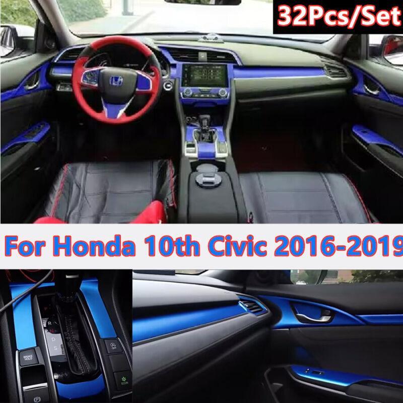 32Pcs Blue Interior Panel Stickers Decals Cover for Honda 10th for Civic 2016-2019 Q