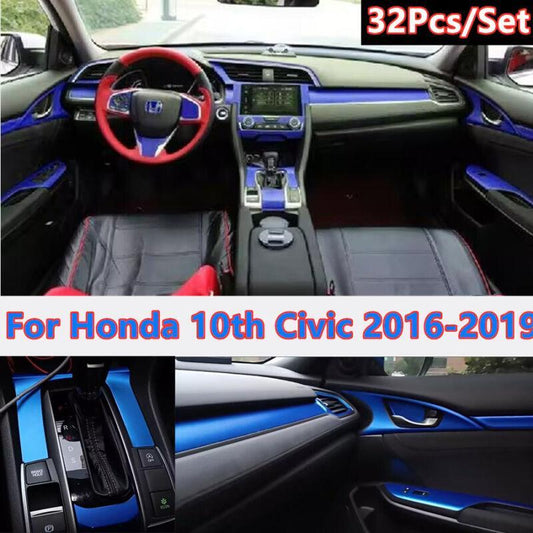 32Pcs Blue Interior Panel Stickers Decals Cover for Honda 10th for Civic 2016-2019 Q