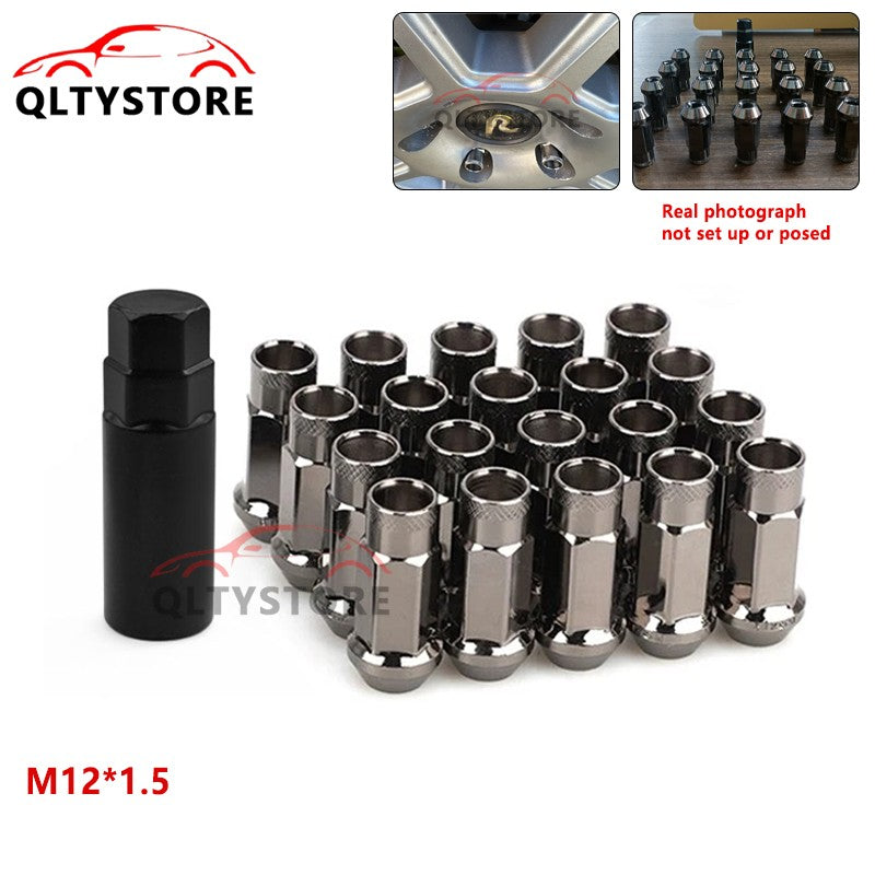20Pcs M12x1.5 48mm Open End Lug Nut Set Steel Wheel Nut Bolts w/Socket Gun Black Q