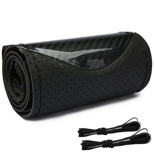 Faux Leather Car Steering Wheel Cover With Needles Thread Carbon Fiber Look 38CM n