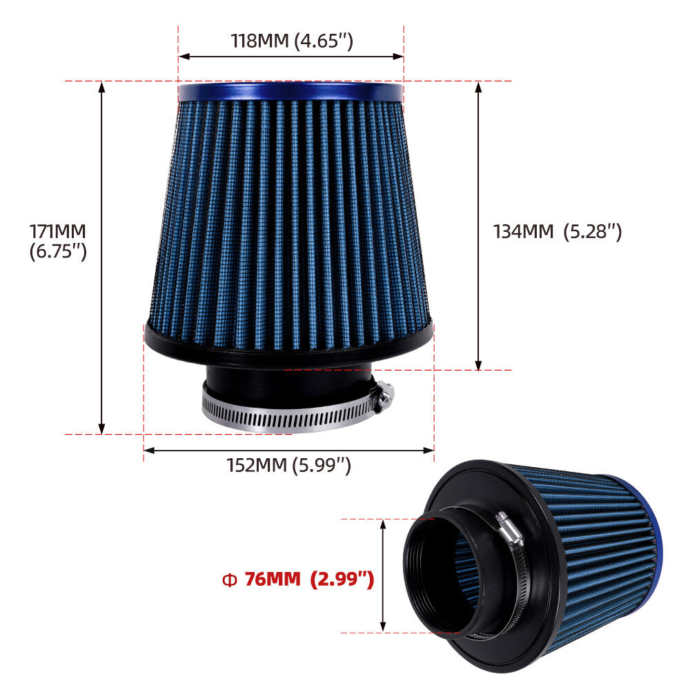 3 76mm Full Blue High Flow Inlet Air Intake Cone Filter For Car/Truck/SUV