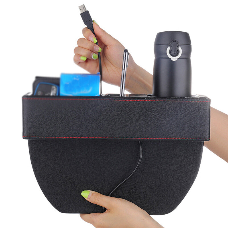 Car driver's for seat gap storage box, cup holder, dual USB ports - n