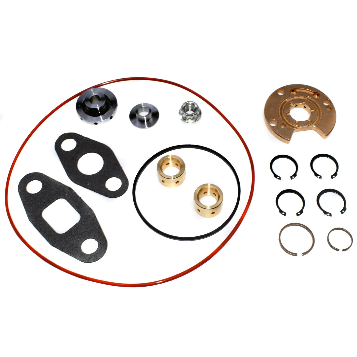 Turbocharger rebuild and repair kit for T3, T4, T04B, T04E, and T3/T4 turbochargers.