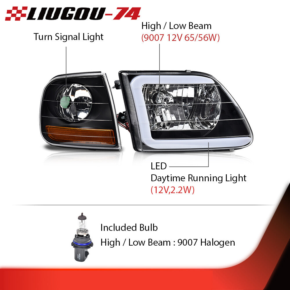 Fits 1997-04 Expedition LED DRL Headlights and Corner Lights Black/Clear - v