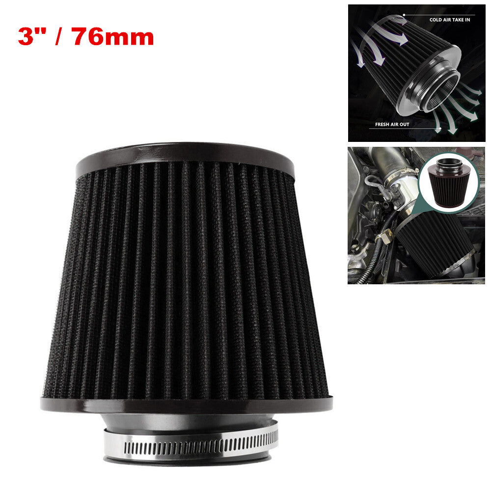 3-inch 76mm Imported Clip-on High Flow Cold Intake Cone Air Filter for SUVs - Black n