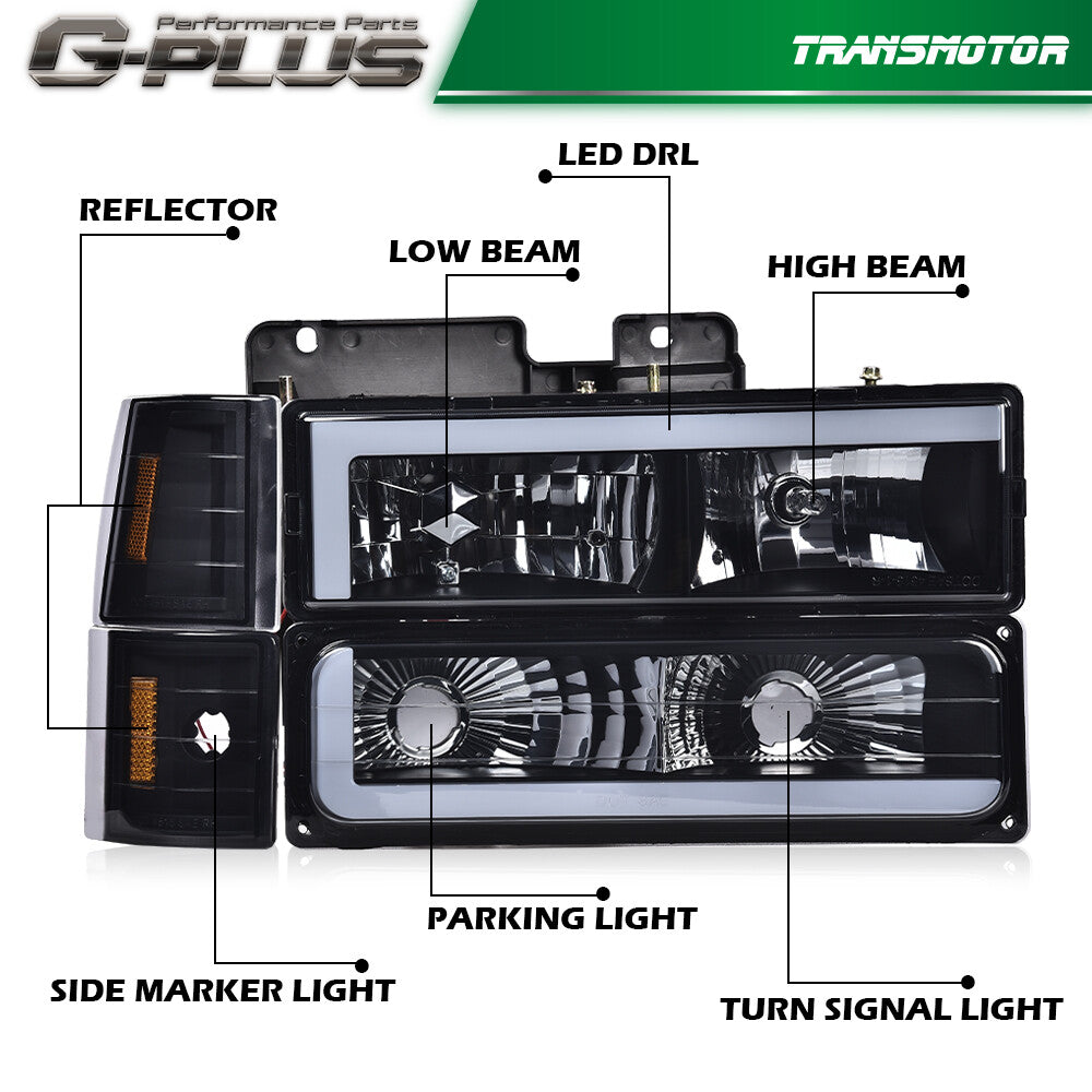 Fits 88 - 1993 for C/K for GMC for Sierra Tahoe Black/Smoked LED Tube Headlights - v