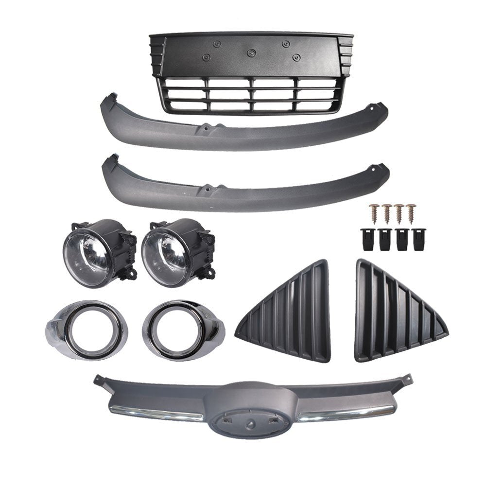 Applicable to 2012 and 2014 Focus front grille with black upper plastic trim and fog lights. n