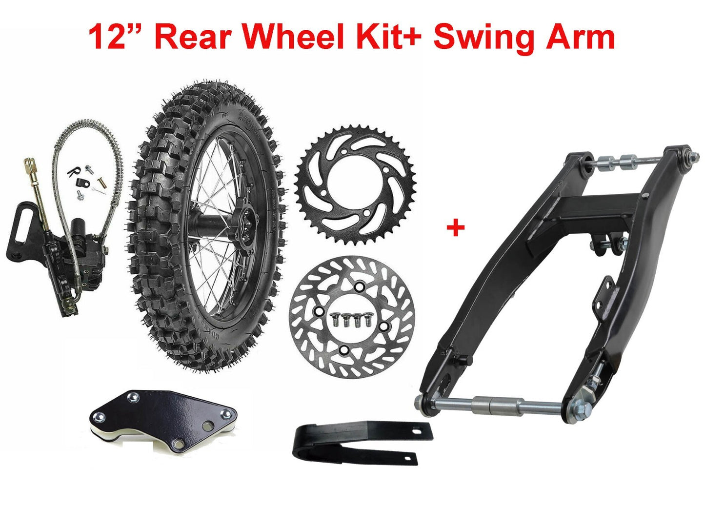 12-inch rear wheel swingarm kit, 80/100-12 tires, rim grooves, SSR Apollo bicycle, 110cc/125cc.