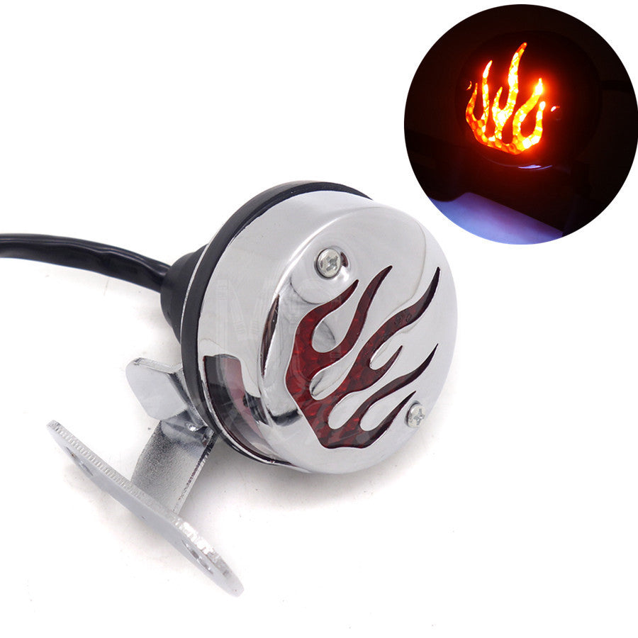 Chrome LED Vintage Flame Tail Brake Rear Light For Cafe Bobber Cruiser Chopper Q