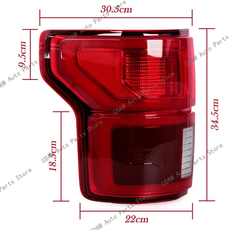 Left side applicable to for Ford F-150 2018-20 LED taillights with turn signals and blind spot monitoring.