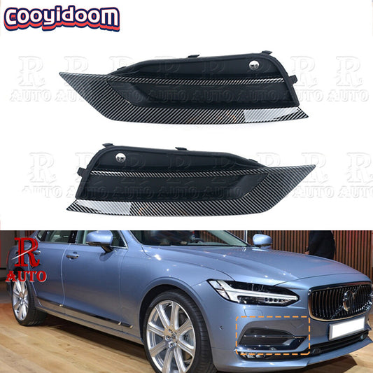 A pair of fog lights, a grille, and a carbon fiber-style front bumper are suitable for the for Volvo S90 V90 (2016-19).