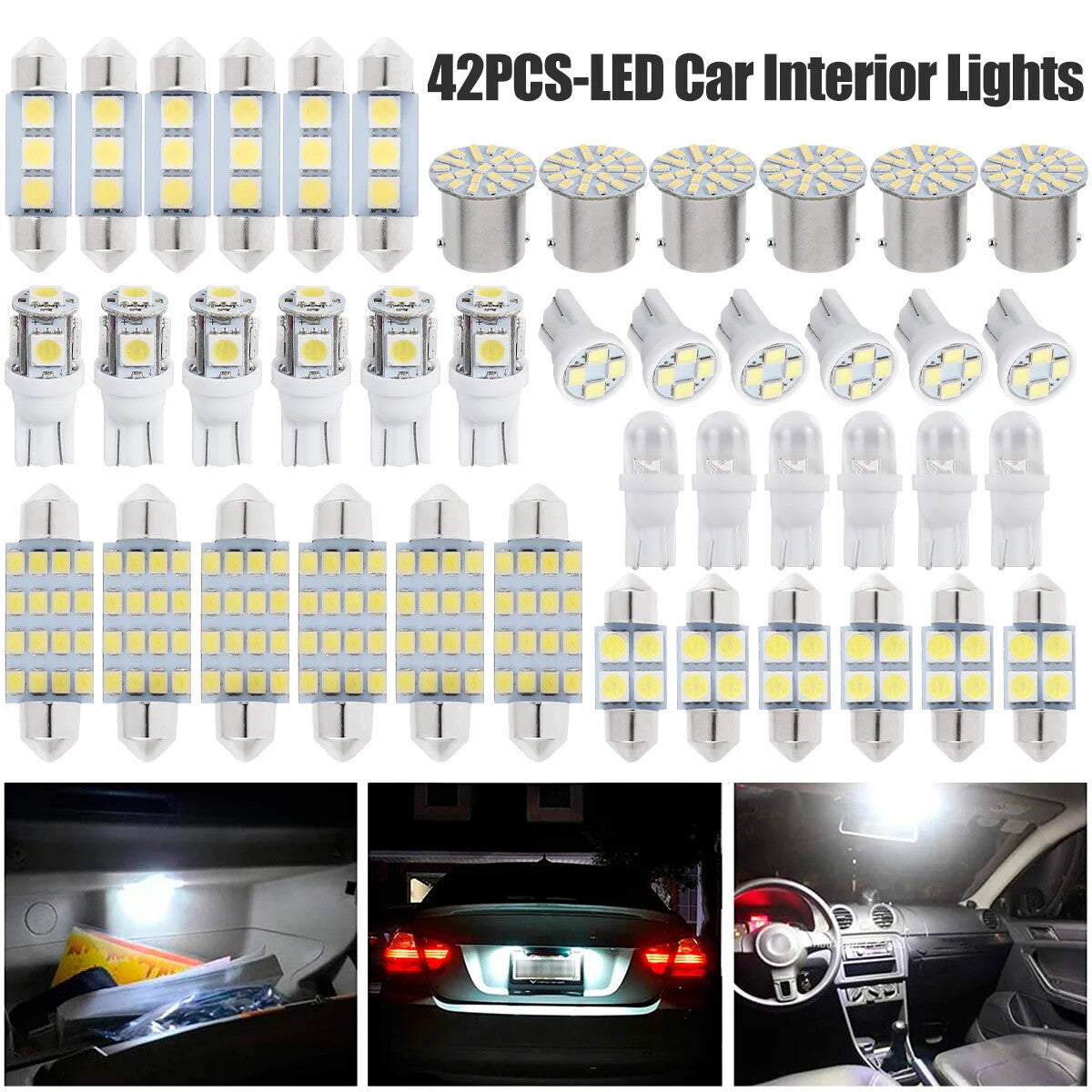 42-Piece Car SUV White Interior LED Light Dome License Plate Light Trunk Bulb Kit - n