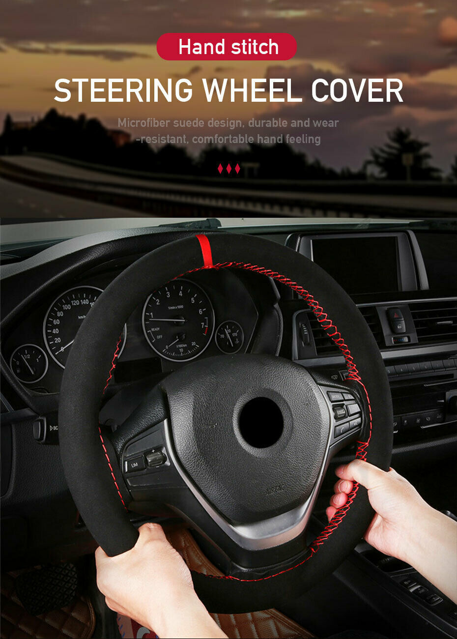Car Steering Wheel Cover with Needle Thread, Red Suede, Braided Accessories Q