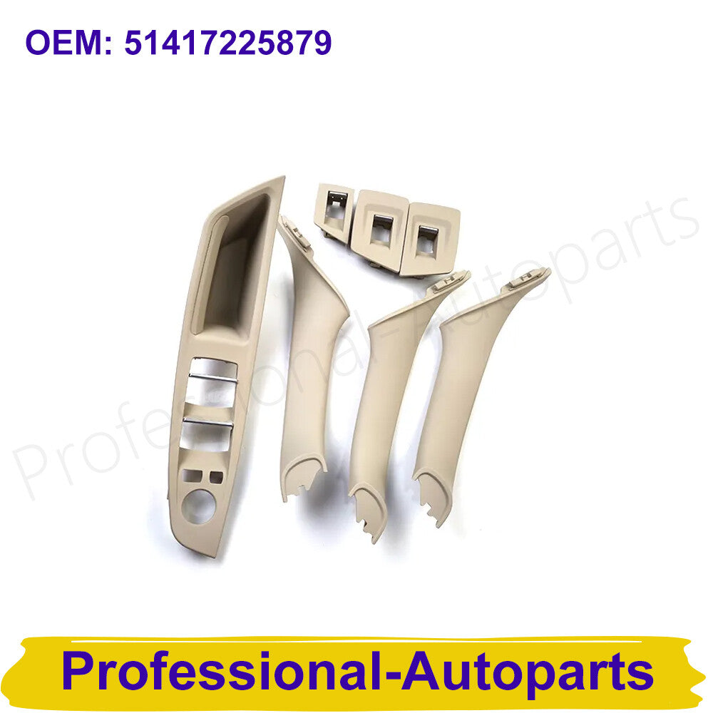 One set of beige and white interior door handle panels suitable for BMW F10, F11, 520i, 525d, 535i, and 550i.