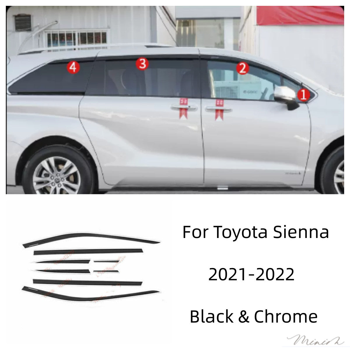 For Toyot@a for Sienna 21-23 Black & Chrome Window Visor Vent Shades Sun Rain Guard n