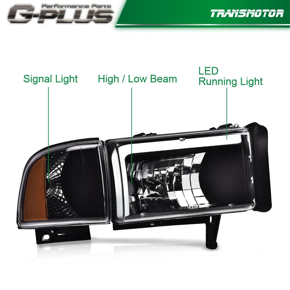 Fits 1994 - 2002 for Dodge for RAM 1500 2500 3500 Pickup Black LED DRL Headlights - v