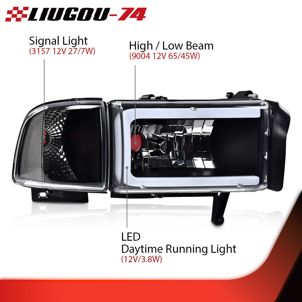 Black/Clear Corner LED DRL Headlights Fits 94-02 for Dodge for Ram 1500 2500 3500- v