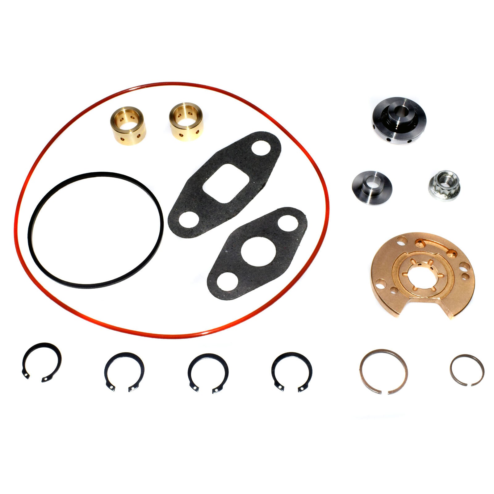 Turbocharger rebuild and repair kit for T3, T4, T04B, T04E, and T3/T4 turbochargers.