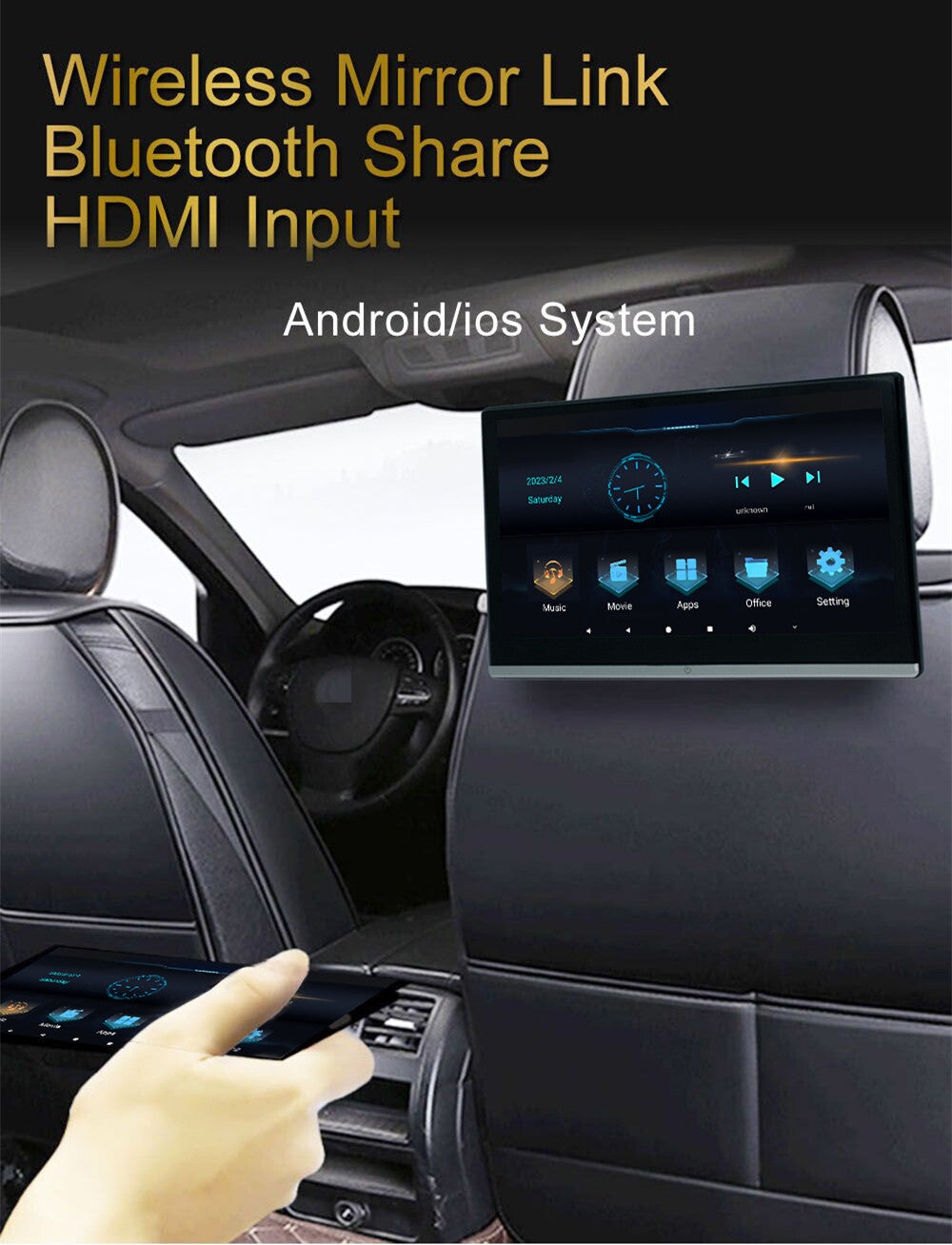 13.3in Car Rear Headrest Monitor Touch Screen Bluetooth Player Mirror Link WIFI Q