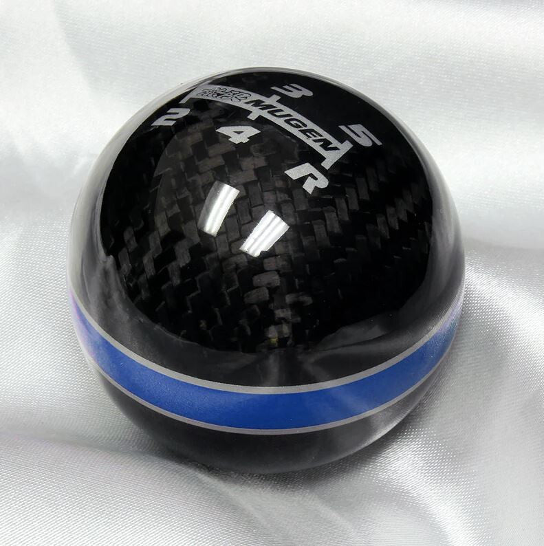 Car Shift Knob 5-speed Mugen, black carbon fiber with blue and silver stitching, for Honda for Acura .