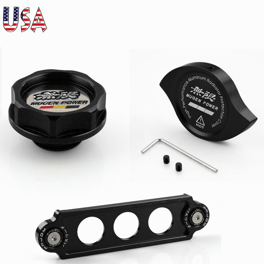 JDM Black Engine Oil Filler Cap + Radiator Cap +Battery Tie Down for Honda for Civic Q