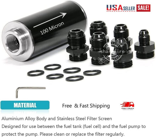 Inline 100-micron fuel filter 6AN 8AN 10AN adapter cleanable + installable Bracket