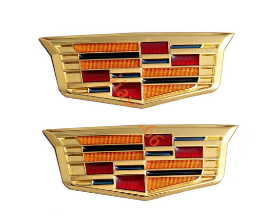 Side fender badge decals for Cadillac ATS, CTS, SRX, XT4, gold, 9cm x 3.5cm.