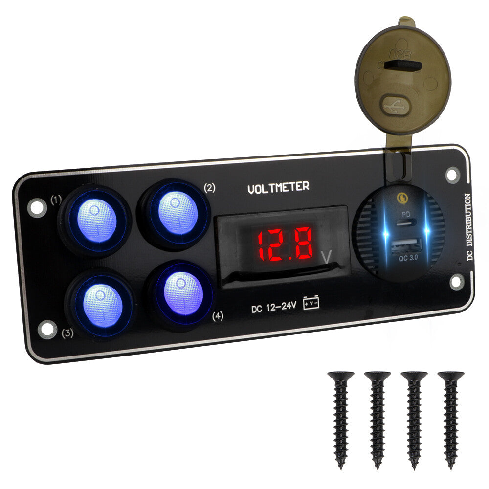 4-gang blue LED toggle switch panel voltmeter QC 3.0 USB charger for car and boat use. n