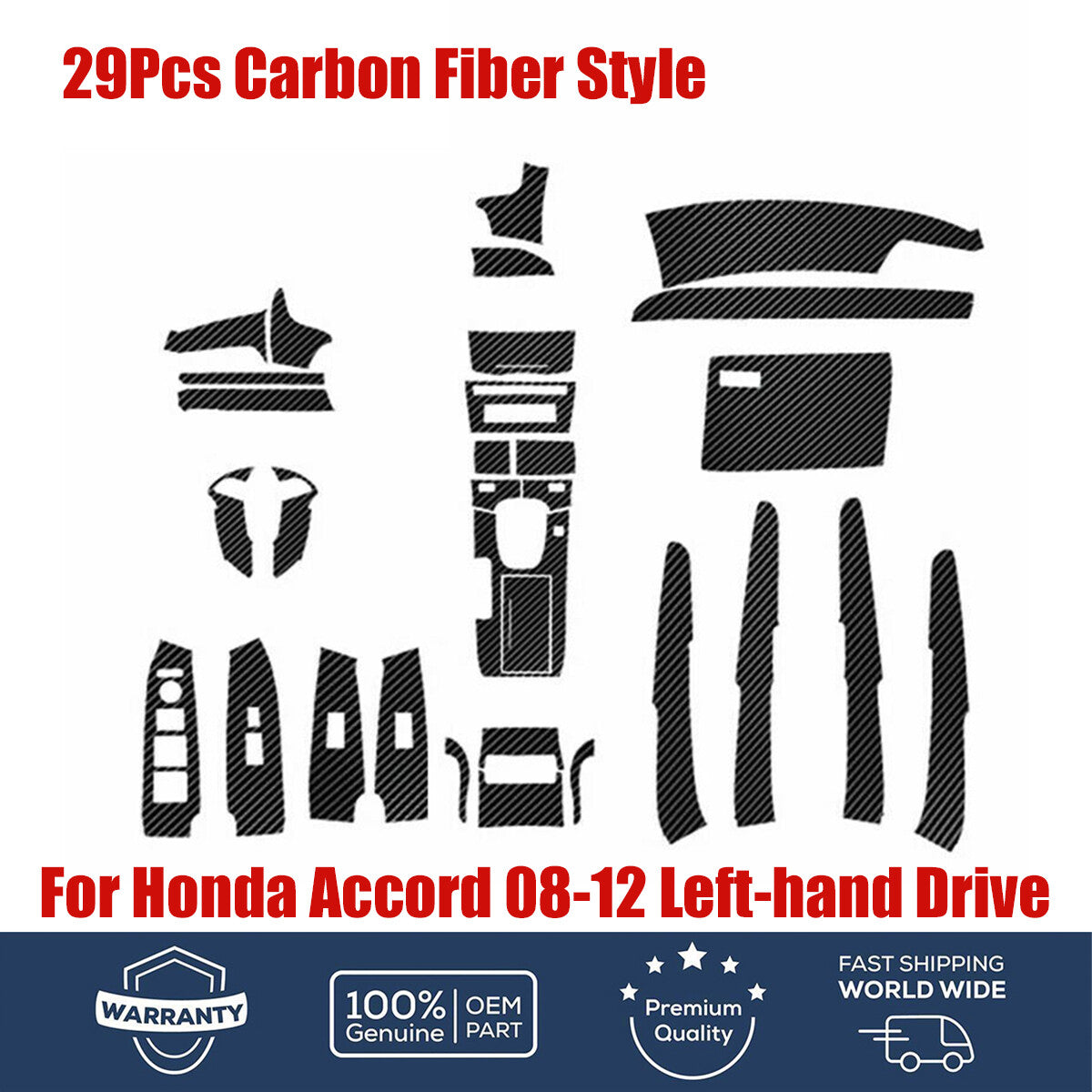 3D Carbon Fiber Style Car Interior Kit Cover Trim 29Pcs for Honda for Accord 2008-12