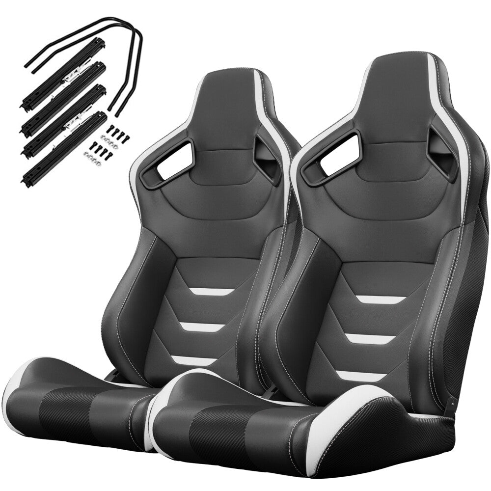2-Piece Universal Bucket Racing Seats - Red Needle Red PVC Leather Reclining Carbon Fiber Q
