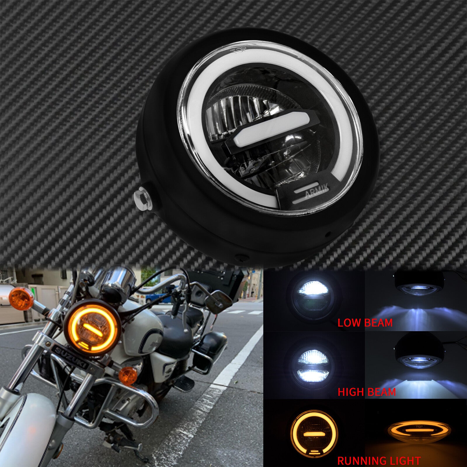 6.5'' Universal Motorcycle LED Halo Headlight Amber Fit for Harley Cafer Racer Q