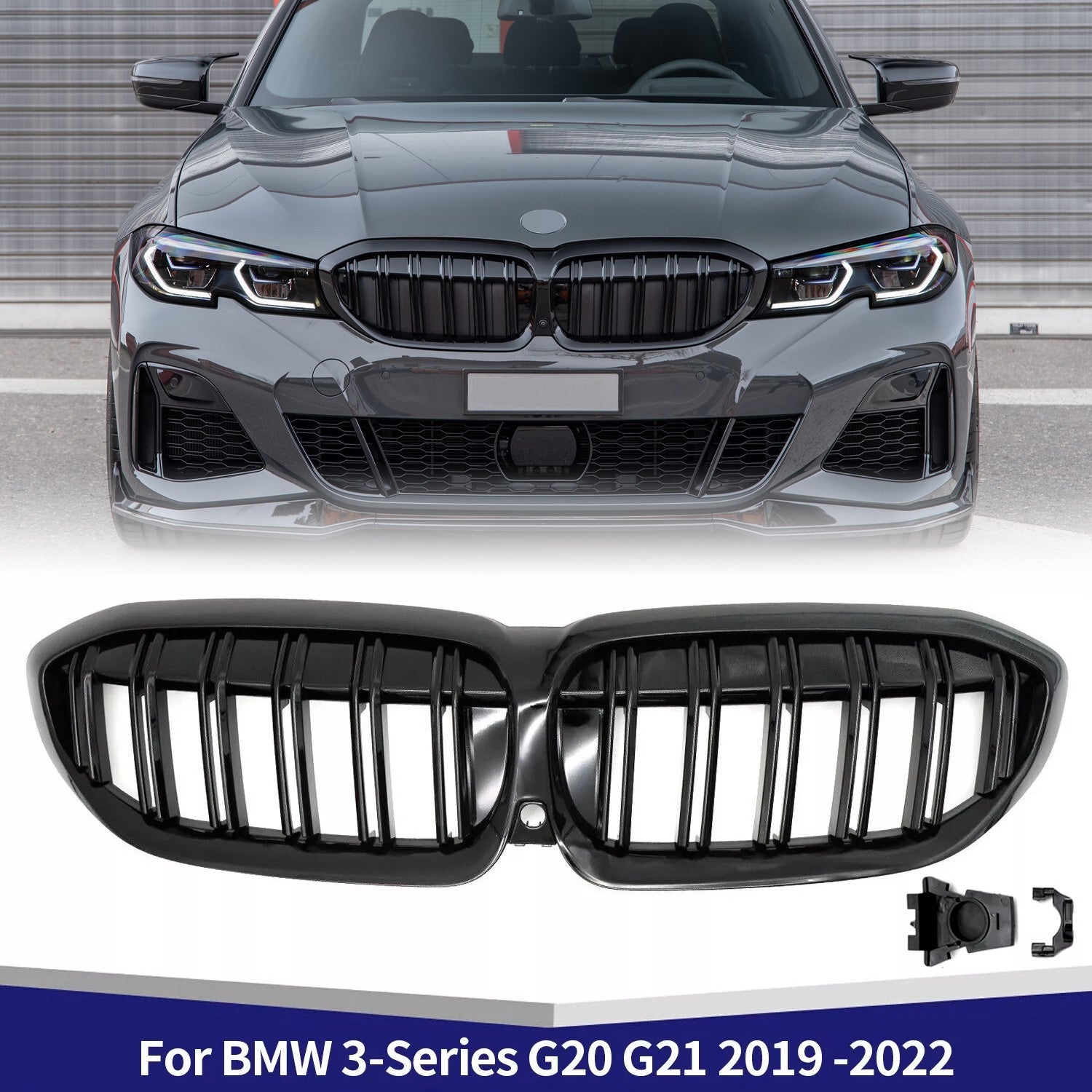 for BMW G20 G21 3-Series 330i 2019 -2022 Front Bumper Kidney Grille Gloss Black