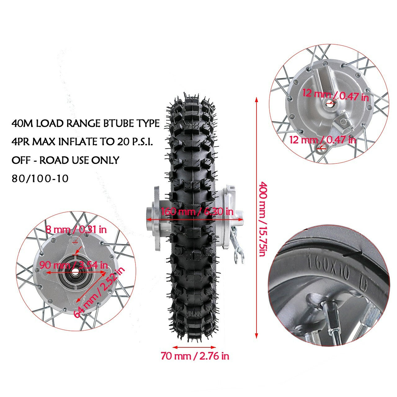 80/100-10 Drum Brake Rear Wheel Tire Rim 1.6x10 Suitable for 70cc and 110cc Dirt Pit Pro Bicycles