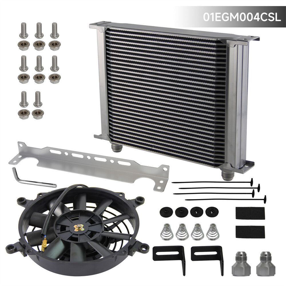 Universal 30 Row AN10 Engine Oil Cooler w/AN10 to AN8 Fittings + 7 Fan Silver