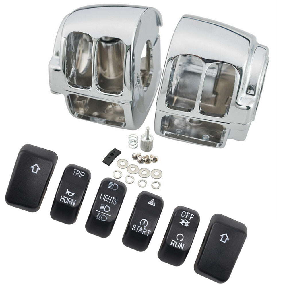 Chrome switch housing protective case + 6-piece handheld control switch button caps, black, suitable for Harley-Davidson . n